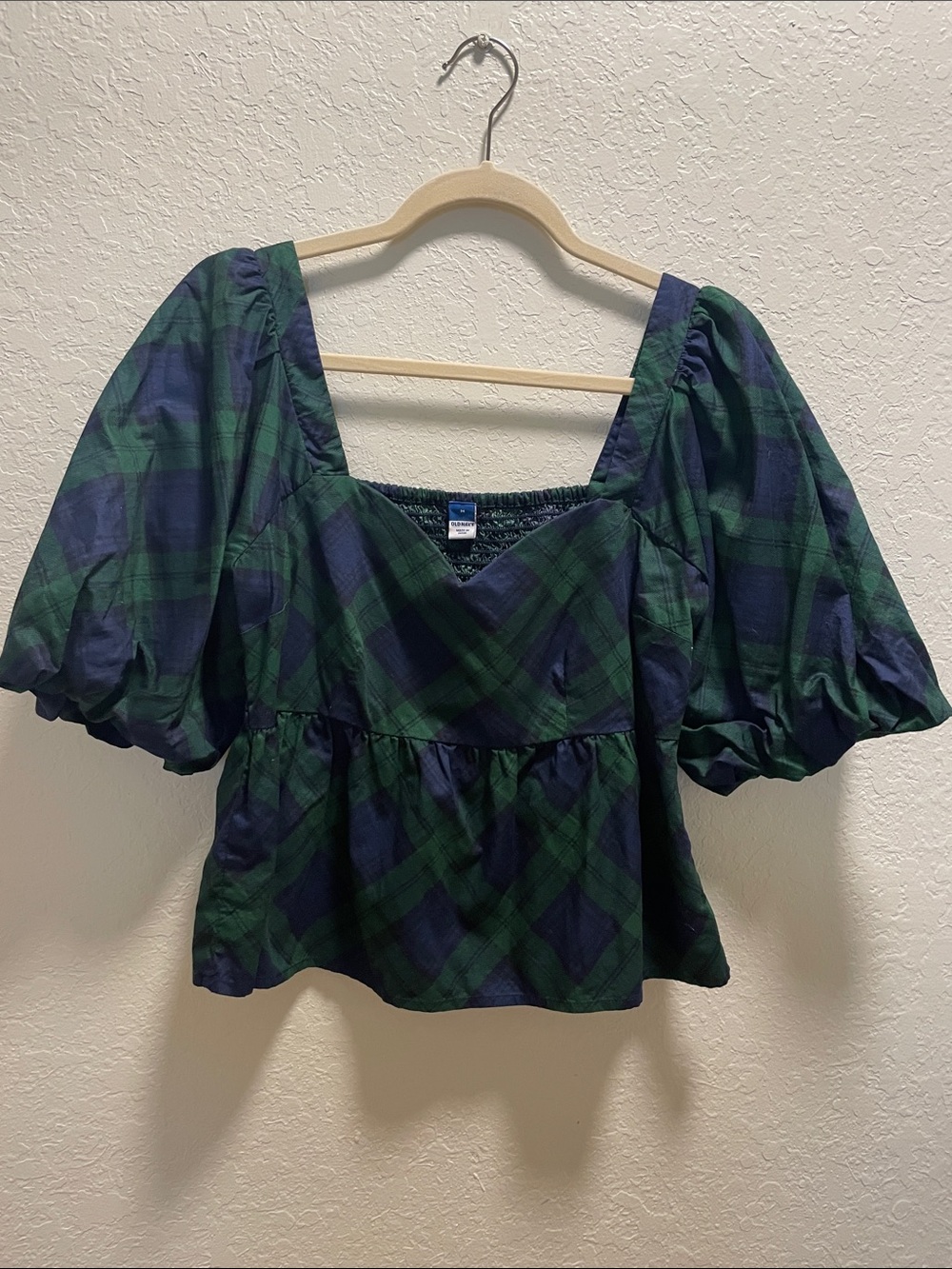 Old Navy Green and Navy Plaid Puff-Sleeve Square-Neck Blouse